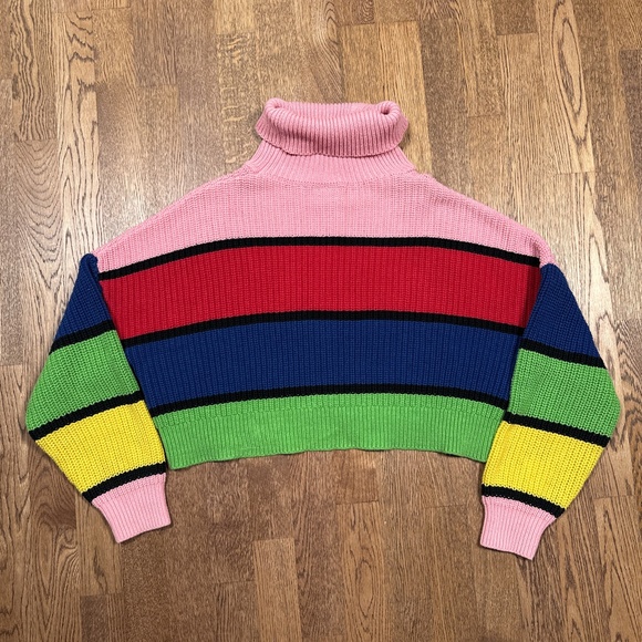 Lazy Oaf Bright Striped Turtleneck Rainbow Cropped Cotton Sweater Womens Small - Picture 3 of 7